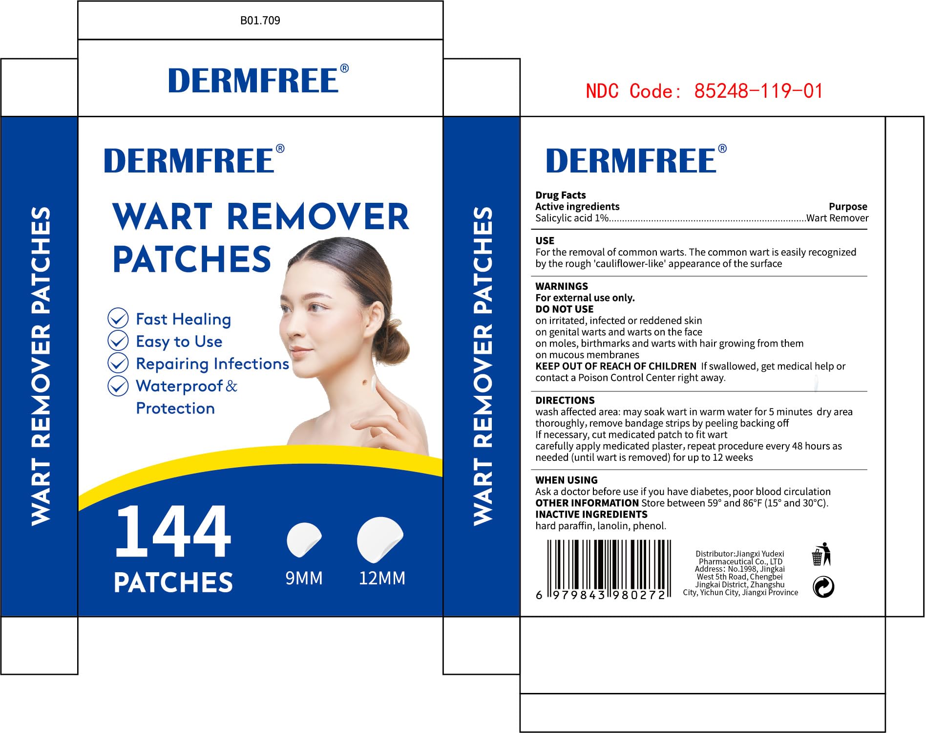 DERMFREE 144-count box shown for convenient home, office, or travel use.