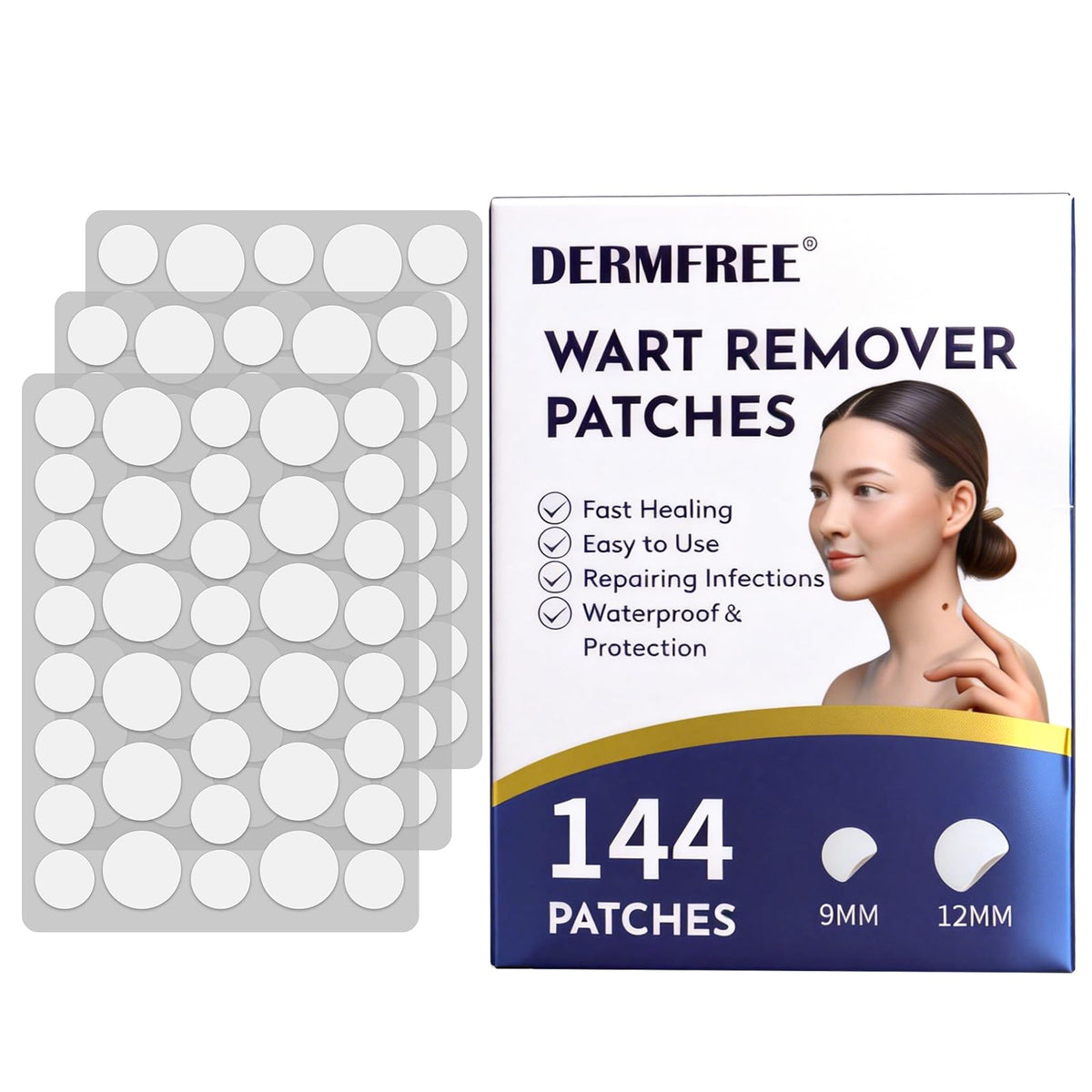 DERMFREE wart patch on hand shows discreet, water-resistant coverage for daily activities.