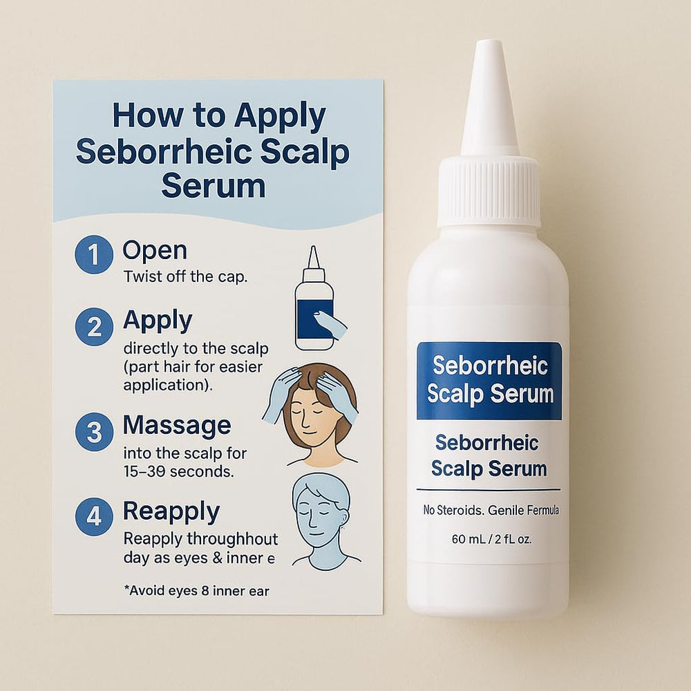 Serum being dispensed from a pump bottle for quick calm application.