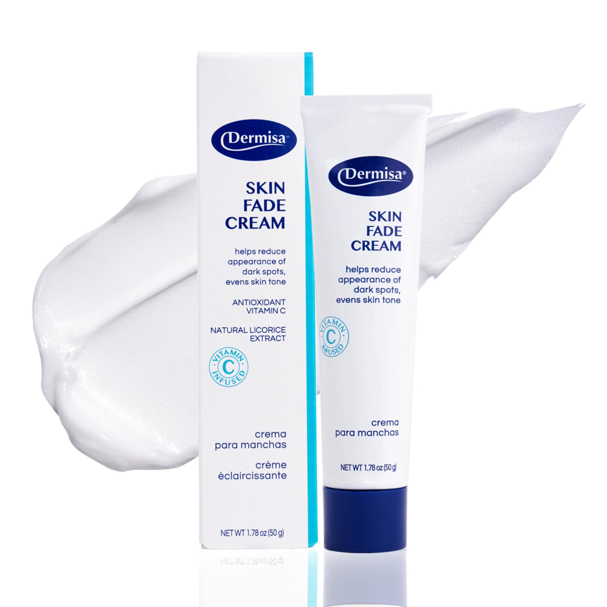 Dermisa Skin Fade Cream tube closeup highlighting its brightening formula.