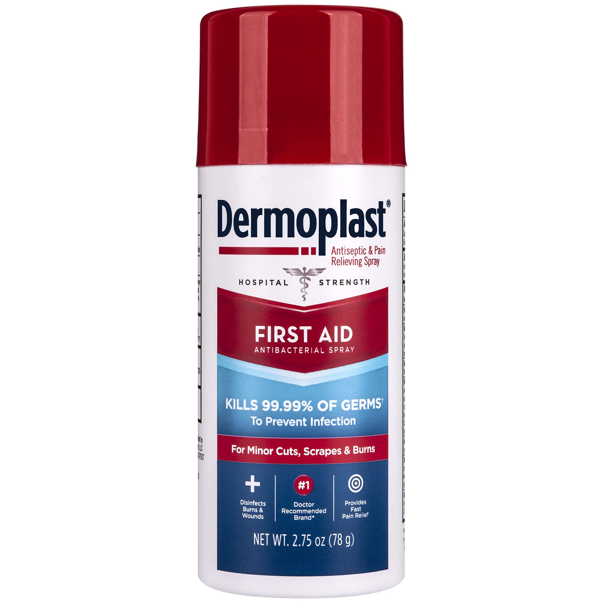 Dermoplast first aid spray bottle shown for quick relief on minor wounds