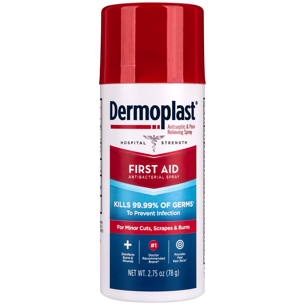 Dermoplast first aid spray bottle shown for quick relief on minor wounds