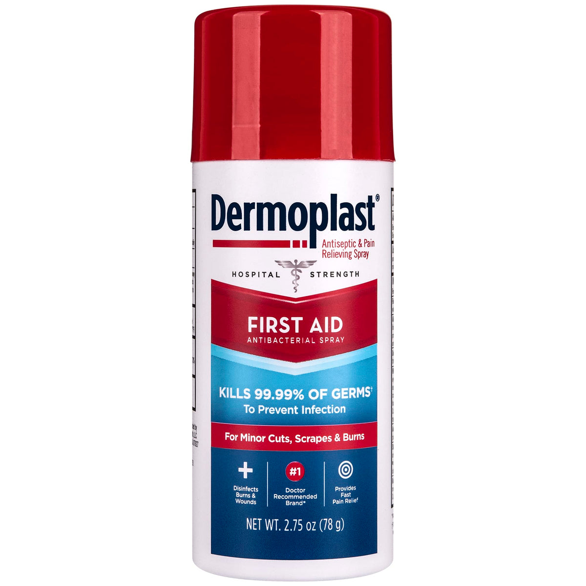 Dermoplast first aid spray bottle shown for quick relief on minor wounds