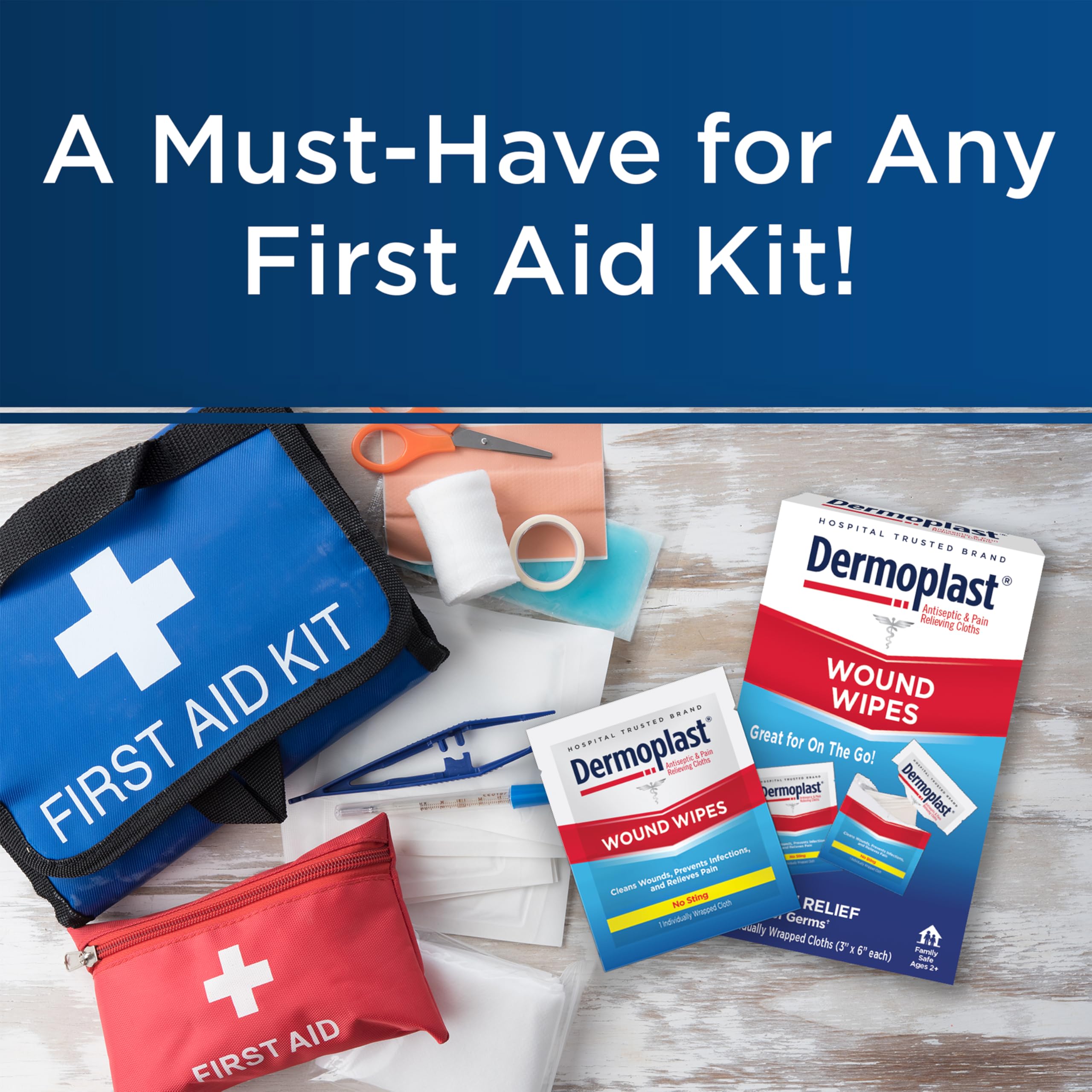 Dermoplast Wound Wipes in a pocket or bag for on-the-go first aid use.
