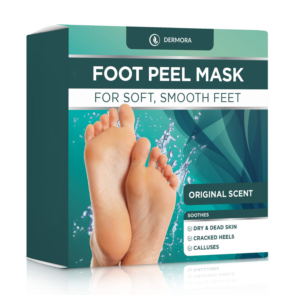 DERMORA Foot Peel Mask application scene demonstrates easy at-home spa results.