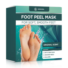 DERMORA Foot Peel Mask application scene demonstrates easy at-home spa results.