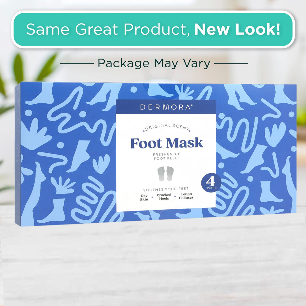 DERMORA Foot Peel Mask packaging and universal fit demonstration for most feet.