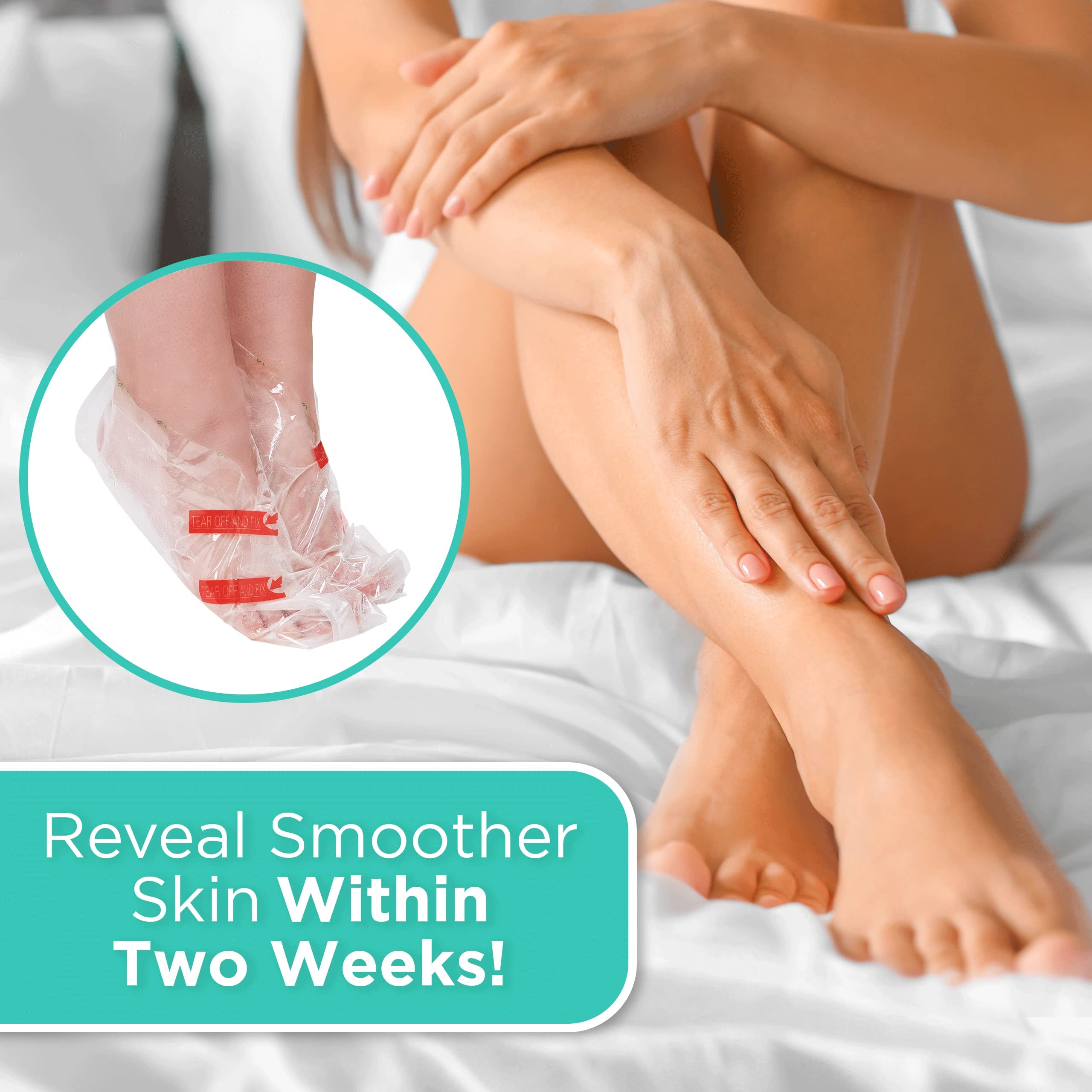 DERMORA Foot Peel Mask wearing socks shows simple at-home foot care.