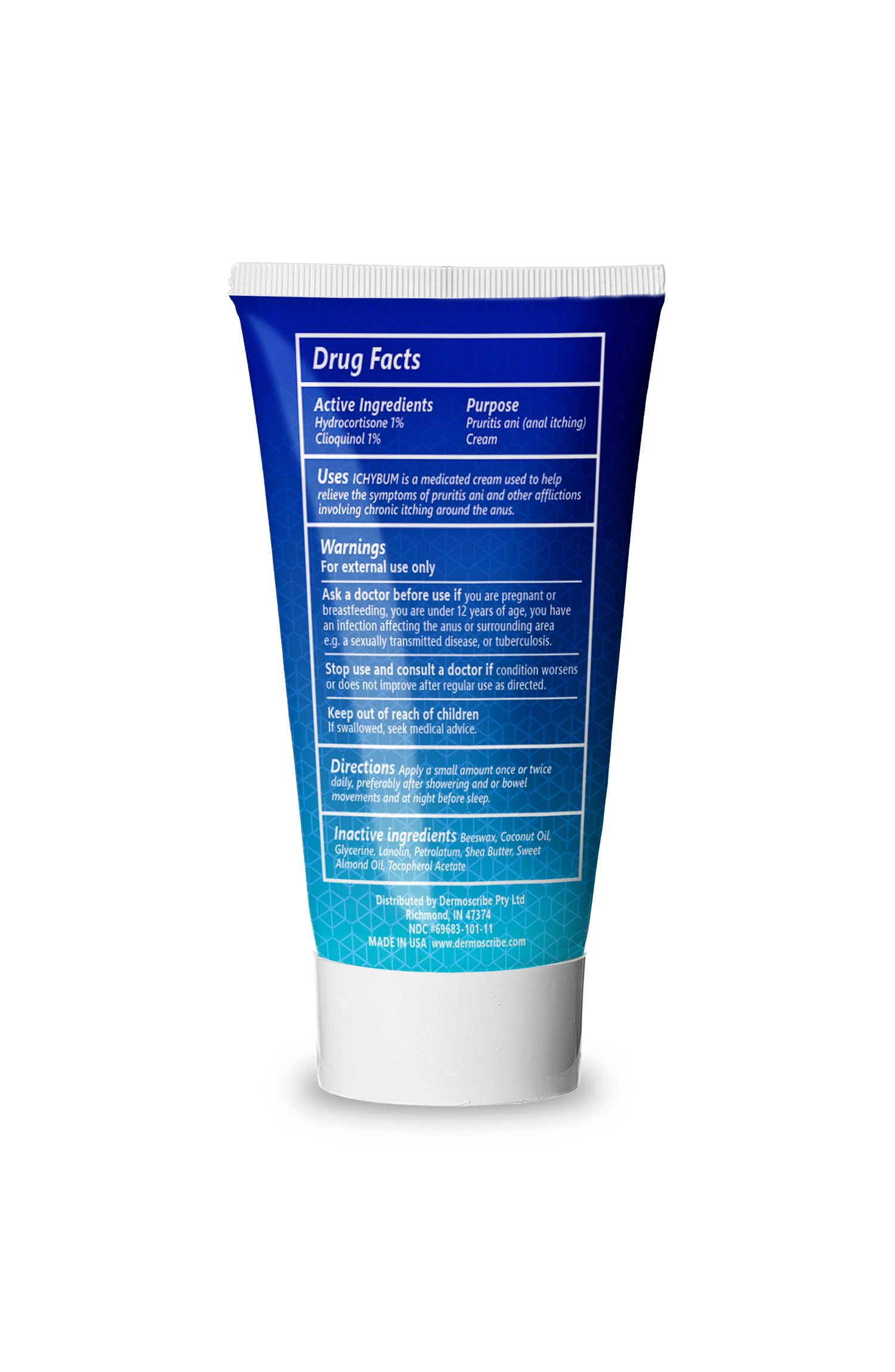 Dermoscribe Ichybum packaging label close-up highlighting active ingredients for skin comfort.