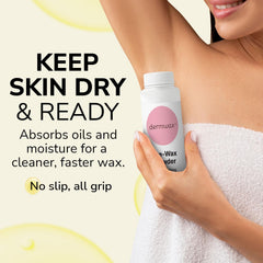 Dermwax Pre-Wax Powder showing oil absorption to prep skin for waxing.