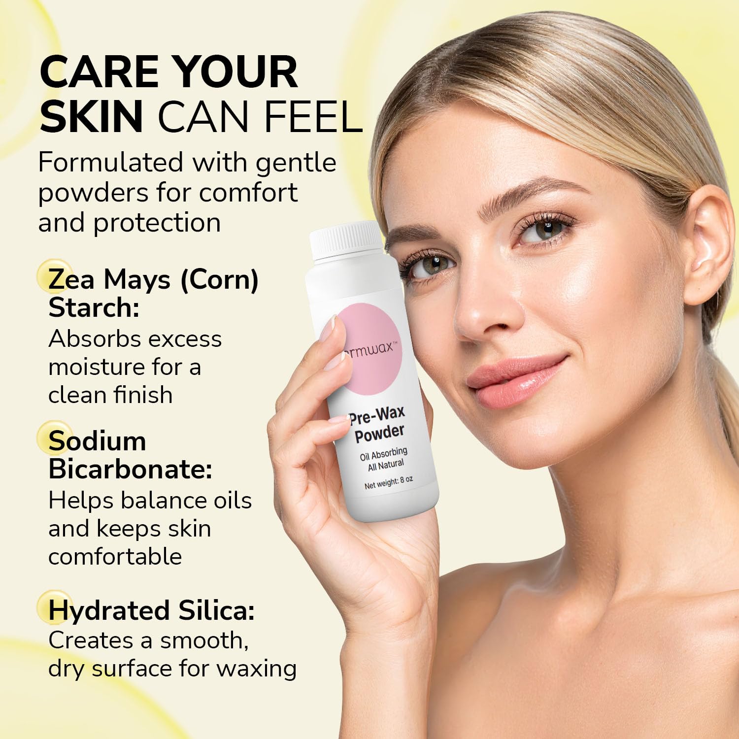 Dermwax Pre-Wax Powder talc-free and fragrance-free formula shown.