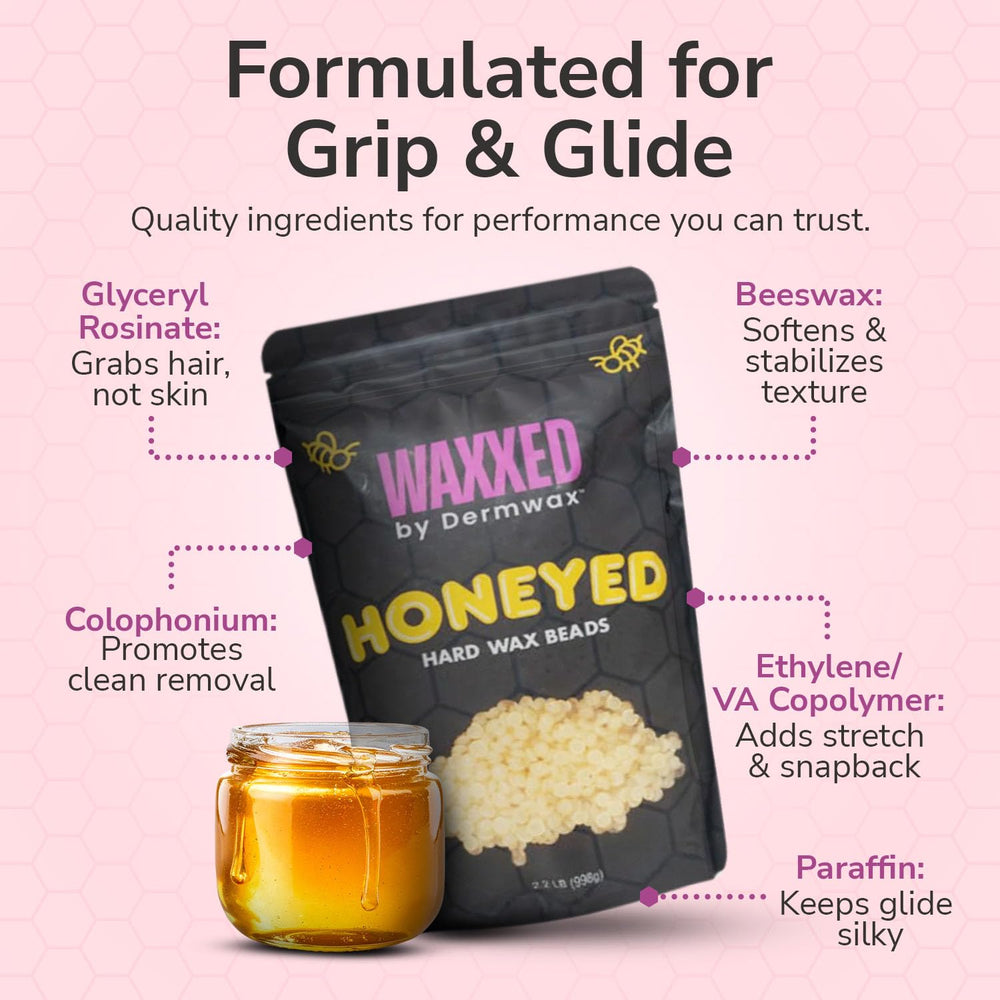Dermwax WAXXED Honeyed hard wax beads application on legs.