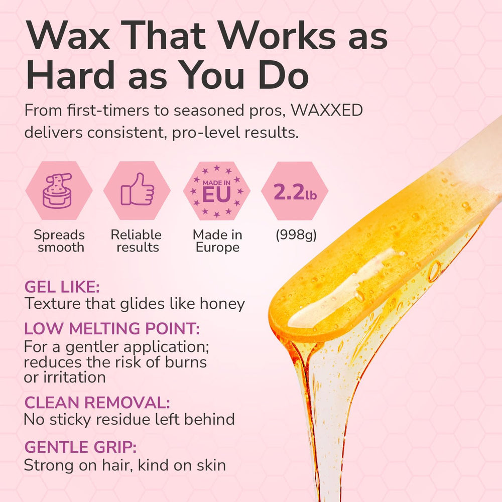 Dermwax WAXXED Honeyed hard wax beads close-up highlighting golden gel texture.