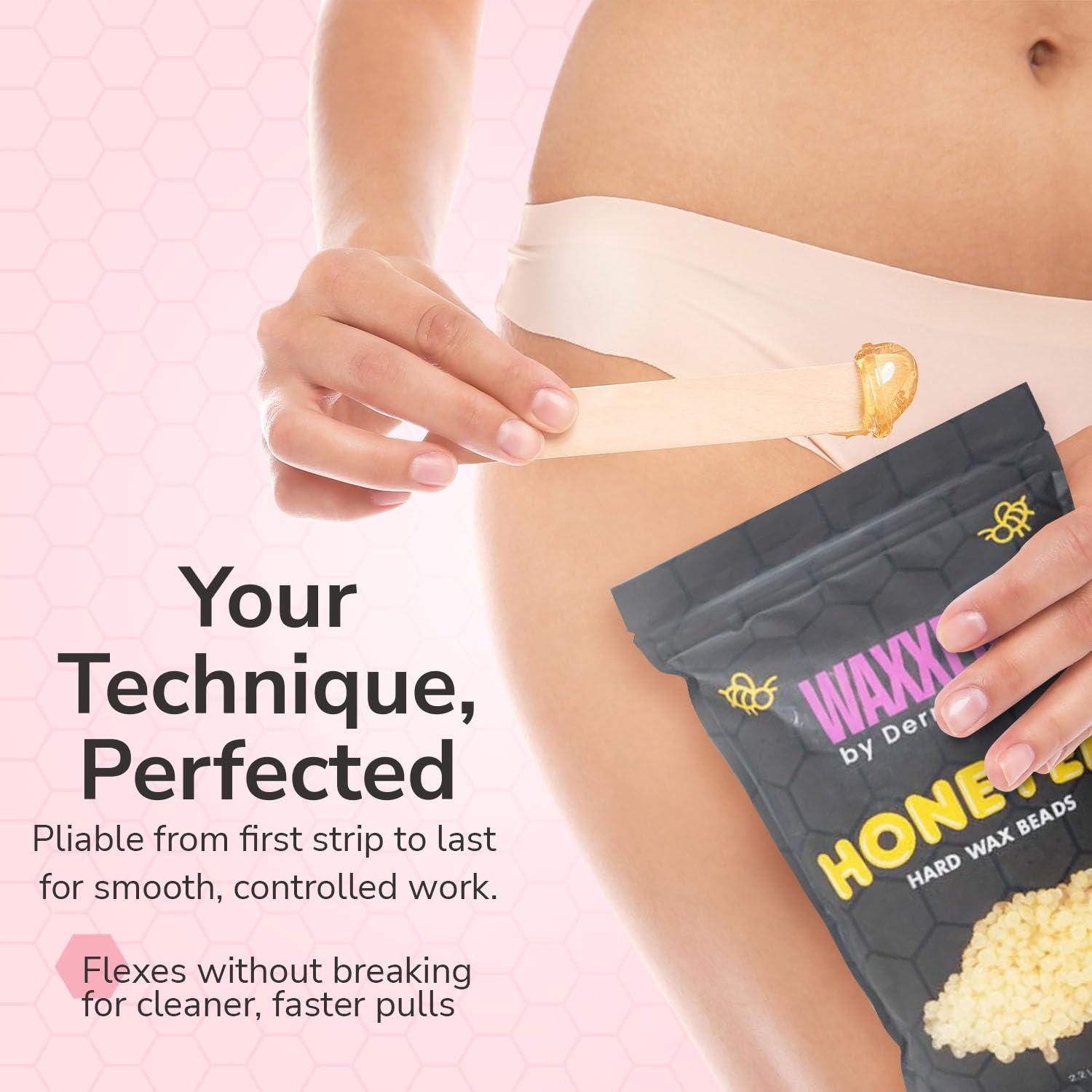 Dermwax WAXXED Honeyed hard wax beads melting at low temperature.