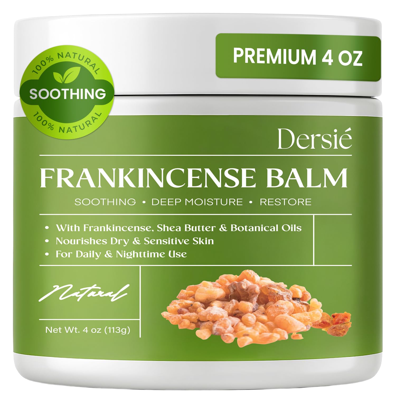 Dersie Frankincense Balm 4oz jar close-up highlighting premium packaging for skin hydration.