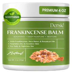 Dersie Frankincense Balm 4oz jar close-up highlighting premium packaging for skin hydration.