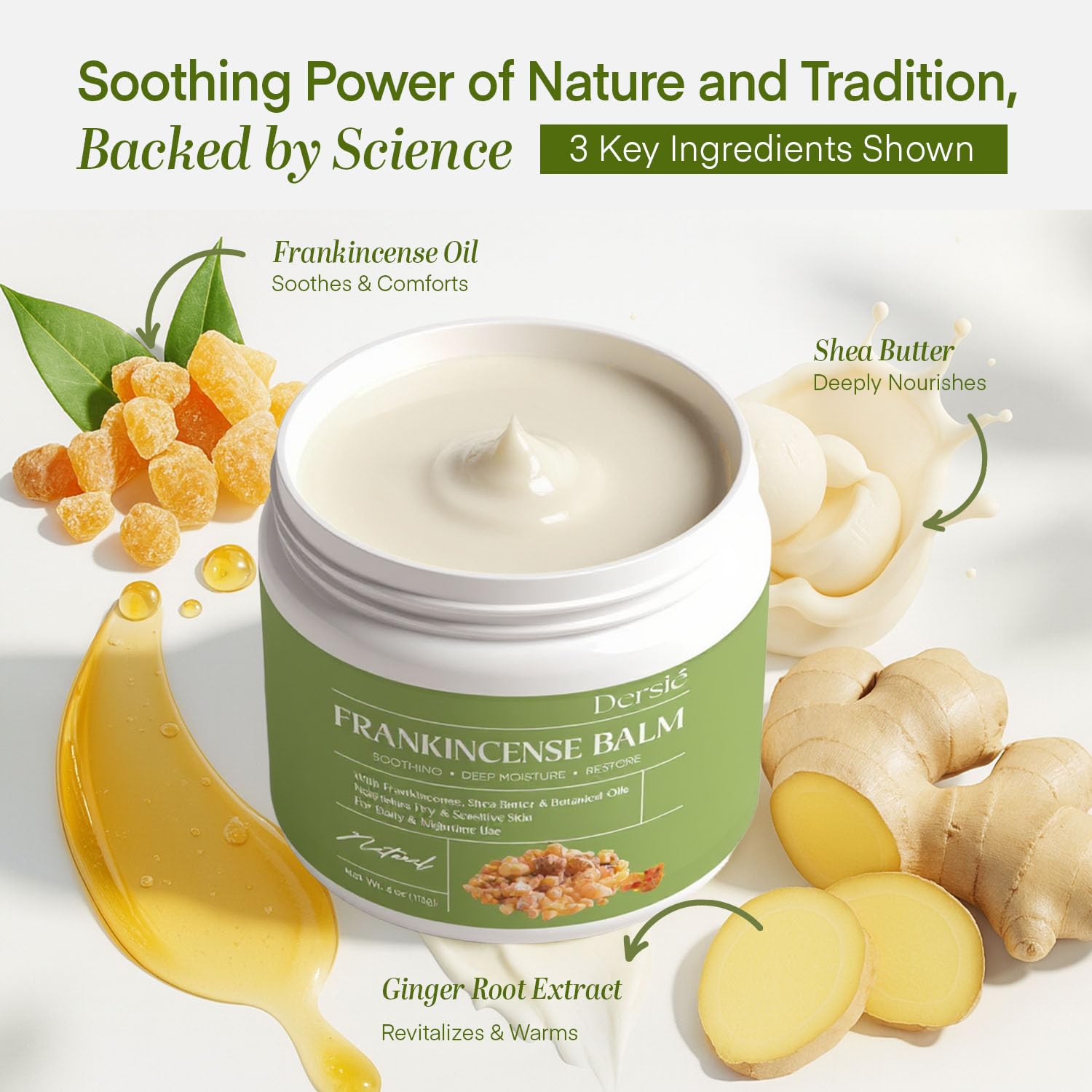 Dersie Frankincense Balm clean formula with no parabens or sulfates.