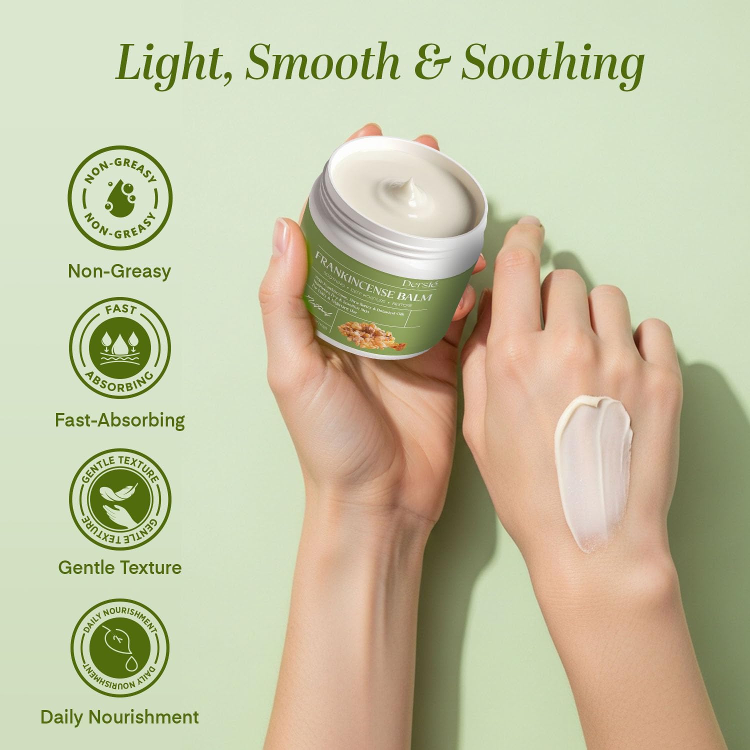 Dersie Frankincense Balm packaging flat lay with jar and ingredients.