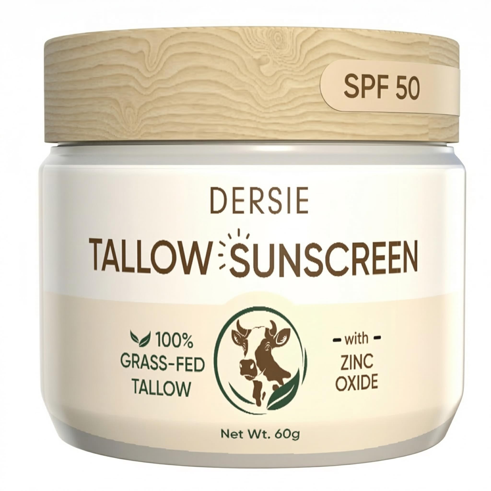 Dersie Tallow Sunscreen bottle front with mineral SPF 50 protection for daily use