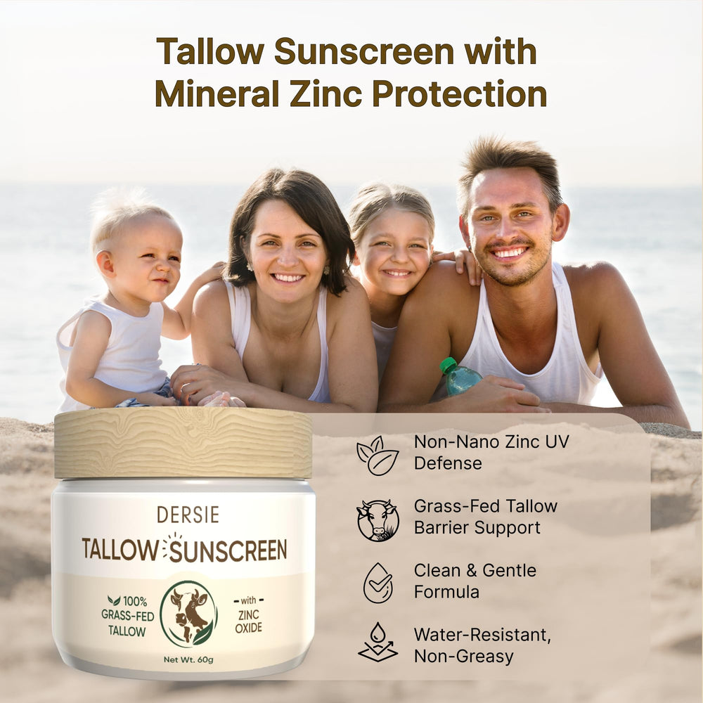 Dersie Tallow Sunscreen SPF 30 label closeup reveals non-nano zinc oxide in a natural blend