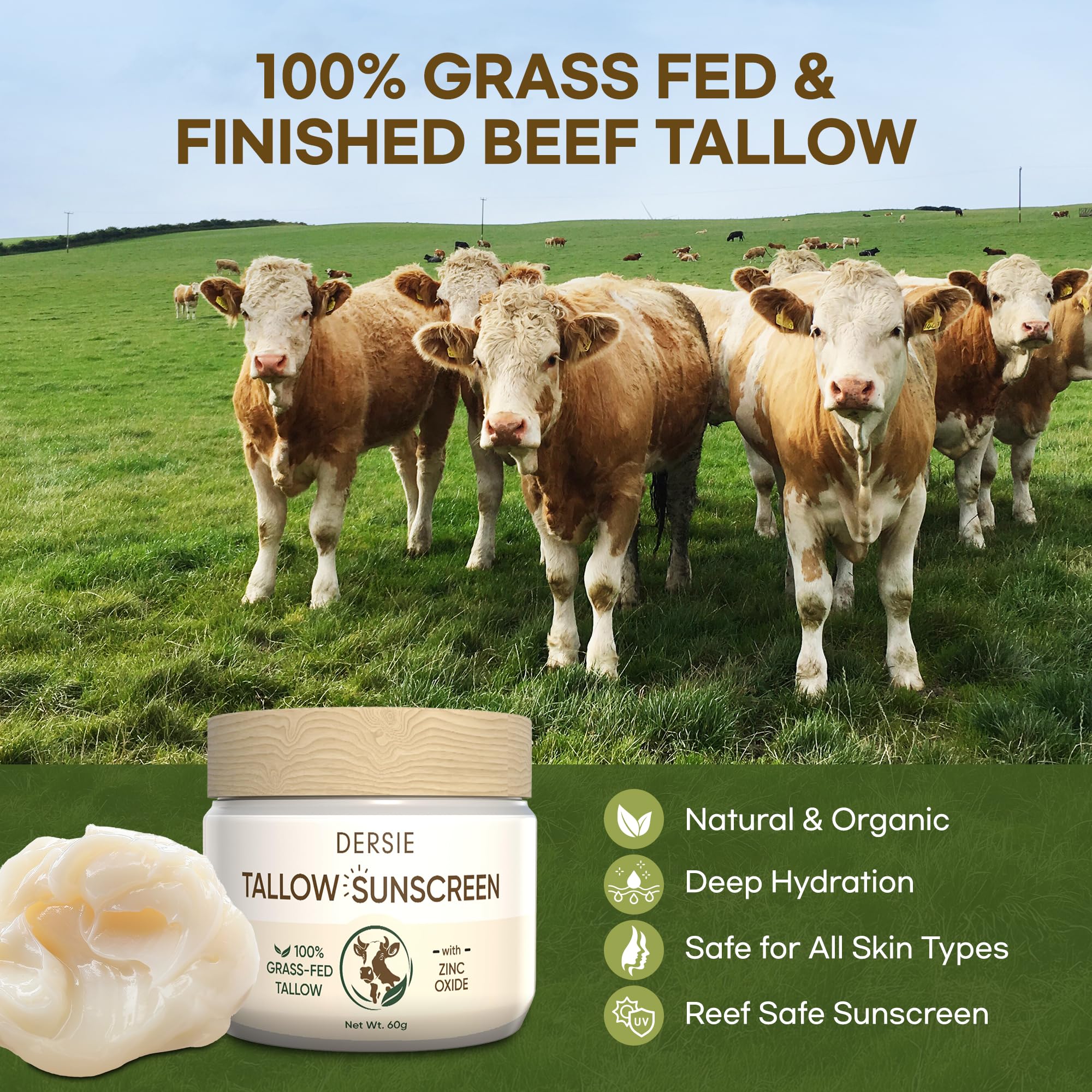 Dersie Tallow Sunscreen SPF 30 texture closeup showcases grass-fed tallow for skin comfort