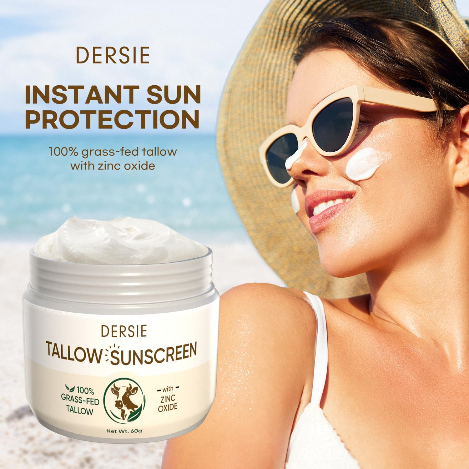 Dersie Tallow Sunscreen SPF 30 pack-2 tubes back view highlights gentle, sensitive-skin friendly formula