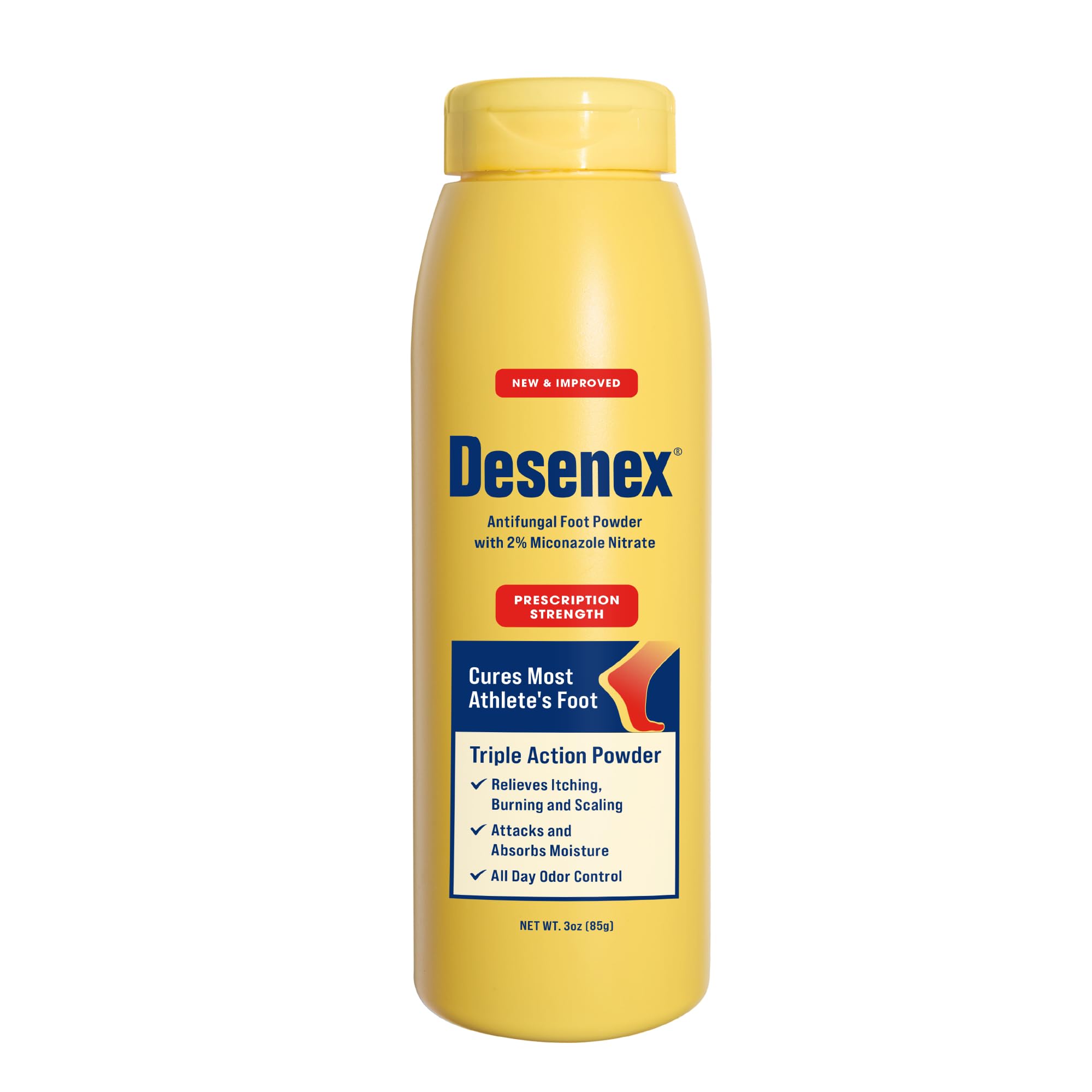 Desenex foot powder bottle application for moisture control.