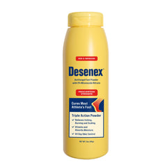 Desenex foot powder bottle application for moisture control.