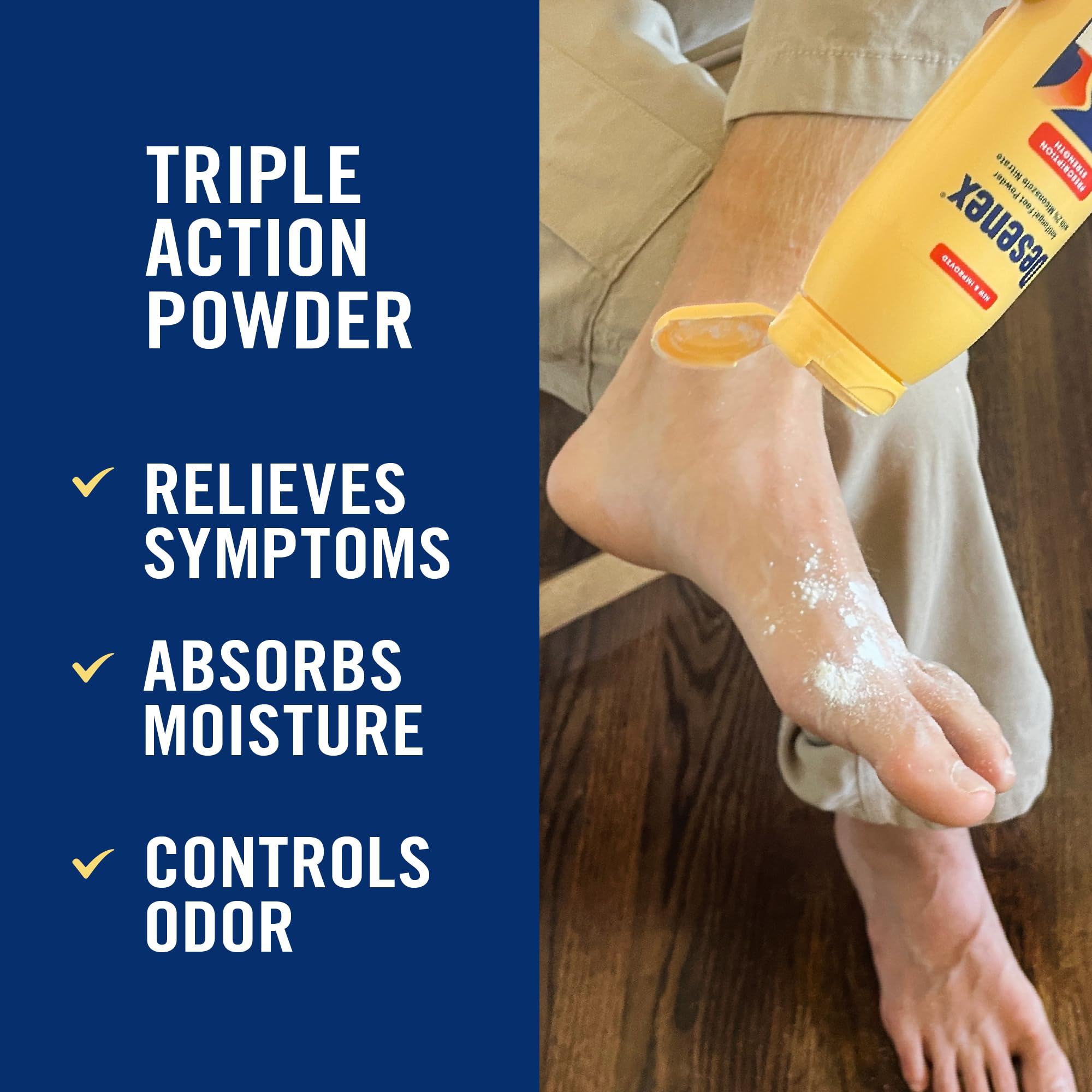 Desenex toes powder dusting keeps toes dry and comfortable.