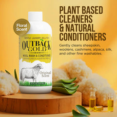 Desert Breeze Outback Gold label close-up highlights pH-neutral care for delicate fibers.
