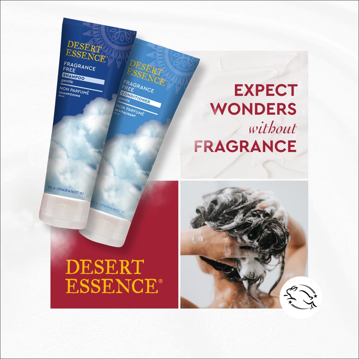 Desert Essence fragrance free conditioner packaging with cruelty-free label.