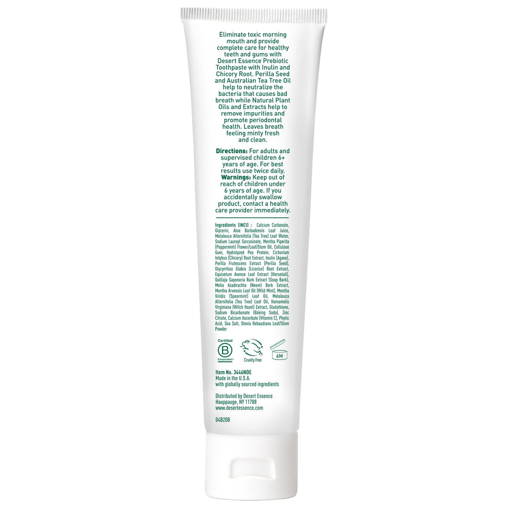 Desert Essence Perilla seed and tea tree oil highlight natural care.