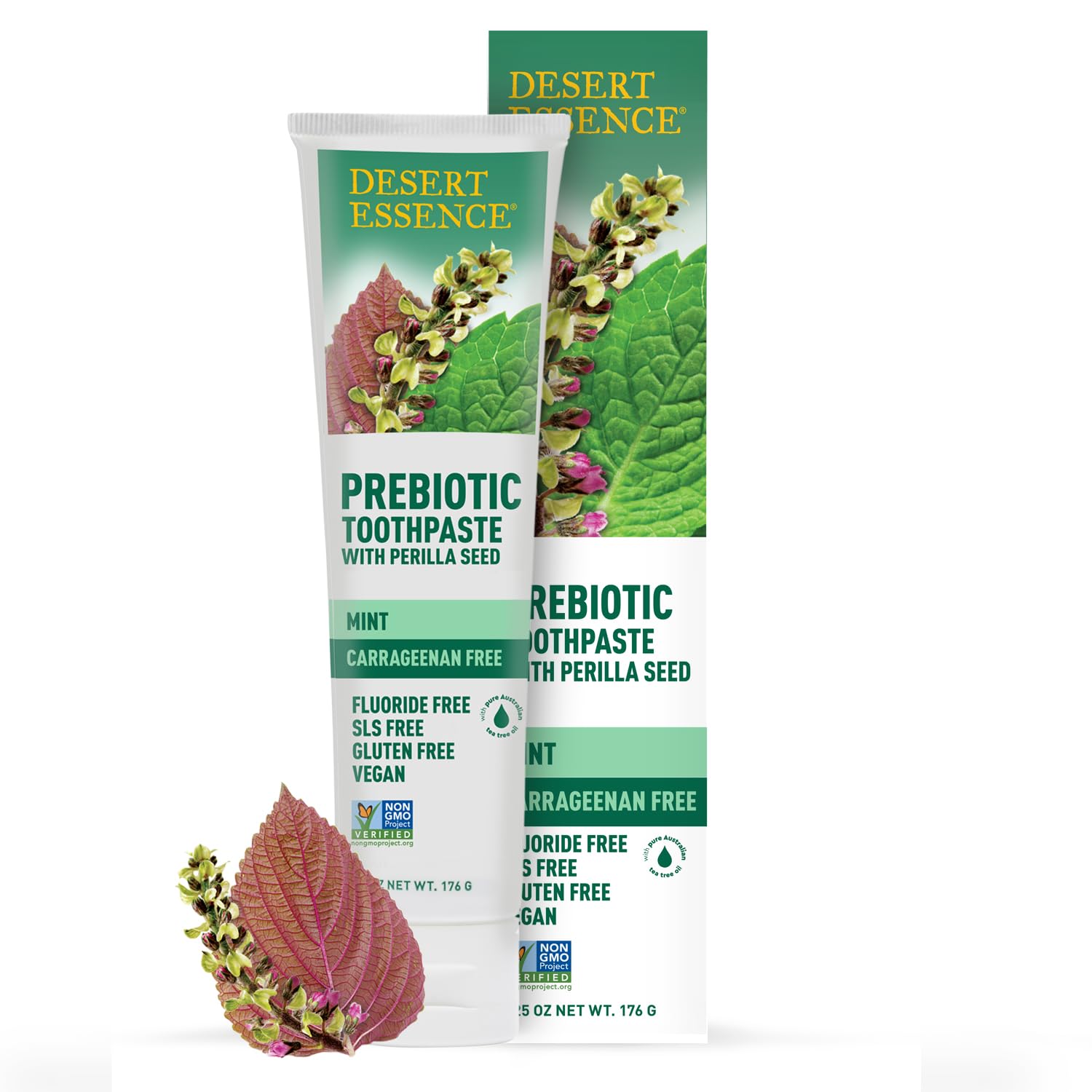 Desert Essence toothpaste Mint box shows a fluoride-free formula.