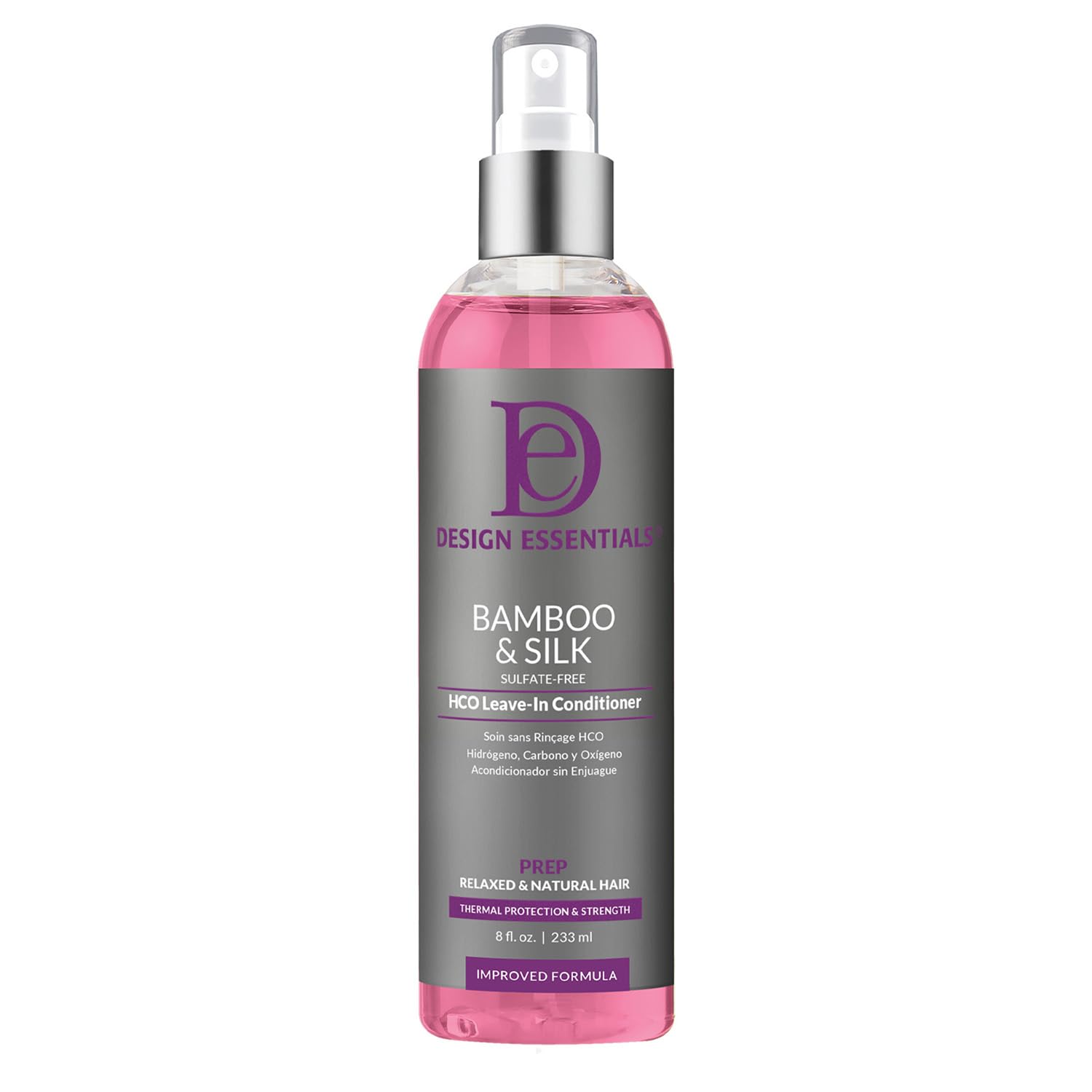 Design Essentials Bamboo & Silk HCO Leave-In Conditioner bottle for heat protection.