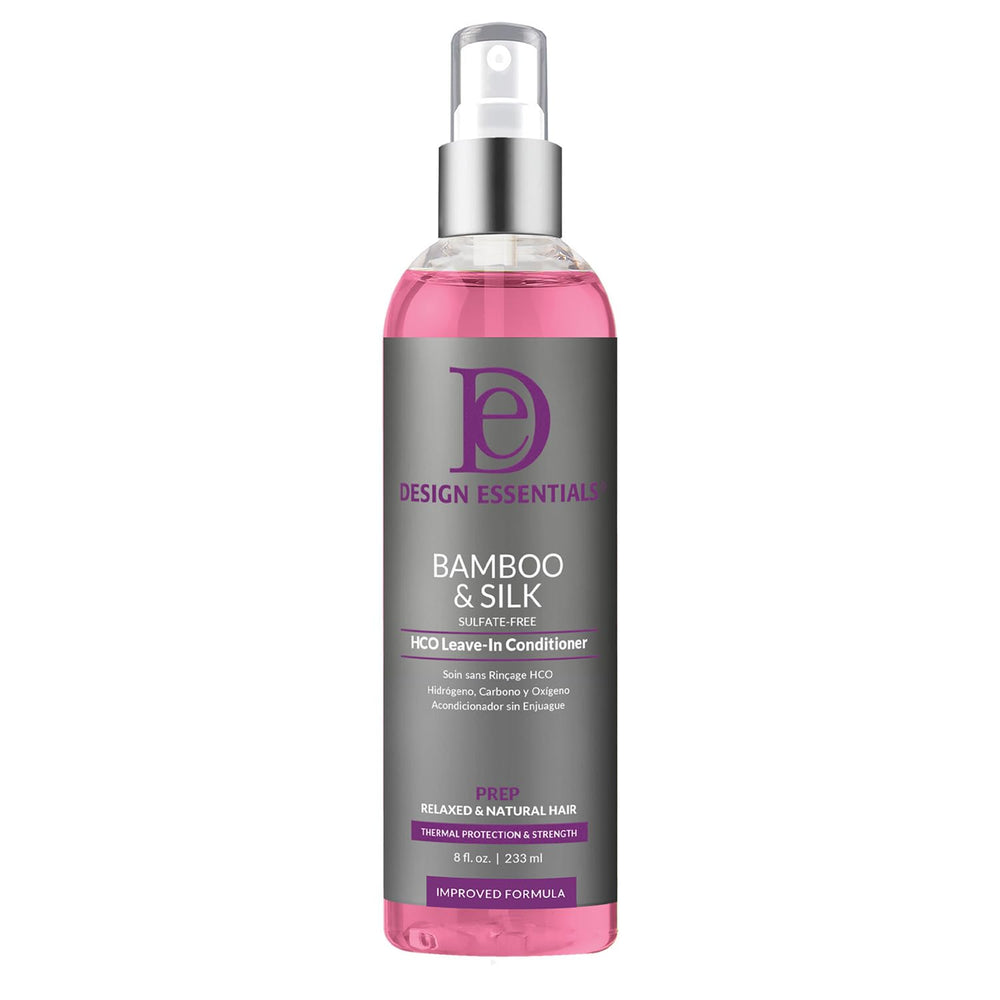 Design Essentials Bamboo & Silk HCO Leave-In Conditioner bottle for heat protection.