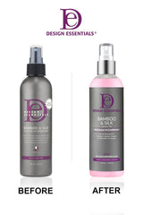 Design Essentials Bamboo & Silk HCO Leave-In bottle highlights softening before blow-dry.