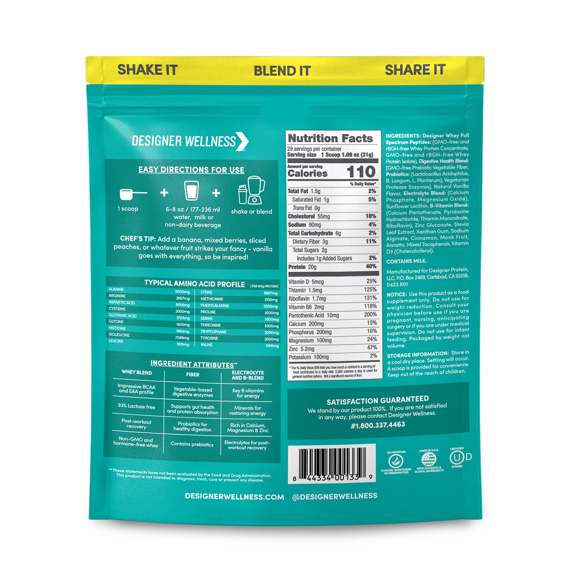 Designer Wellness Designer Whey label closeup highlighting natural ingredients and probiotics