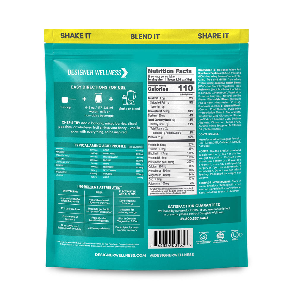 Designer Wellness Designer Whey label closeup highlighting natural ingredients and probiotics