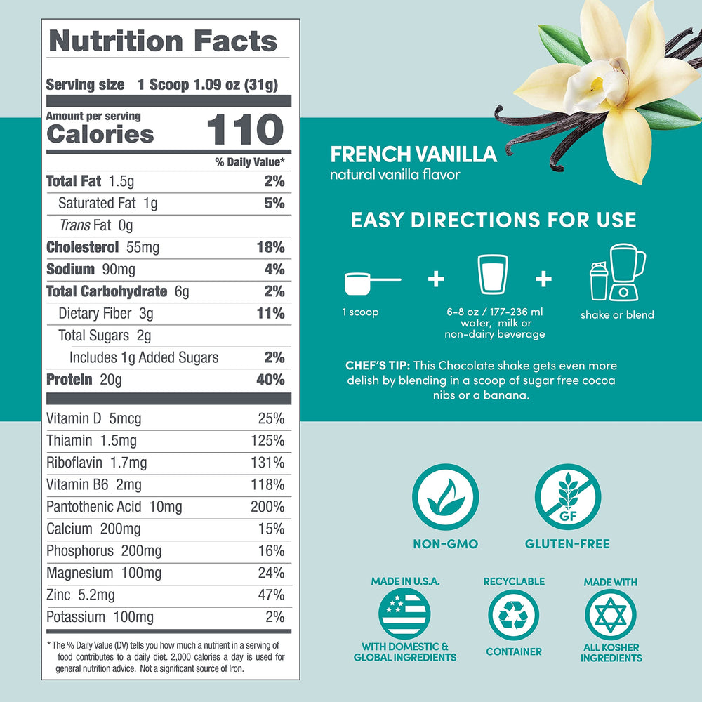 Product packaging of Designer Whey highlighting gluten-free and probiotic features