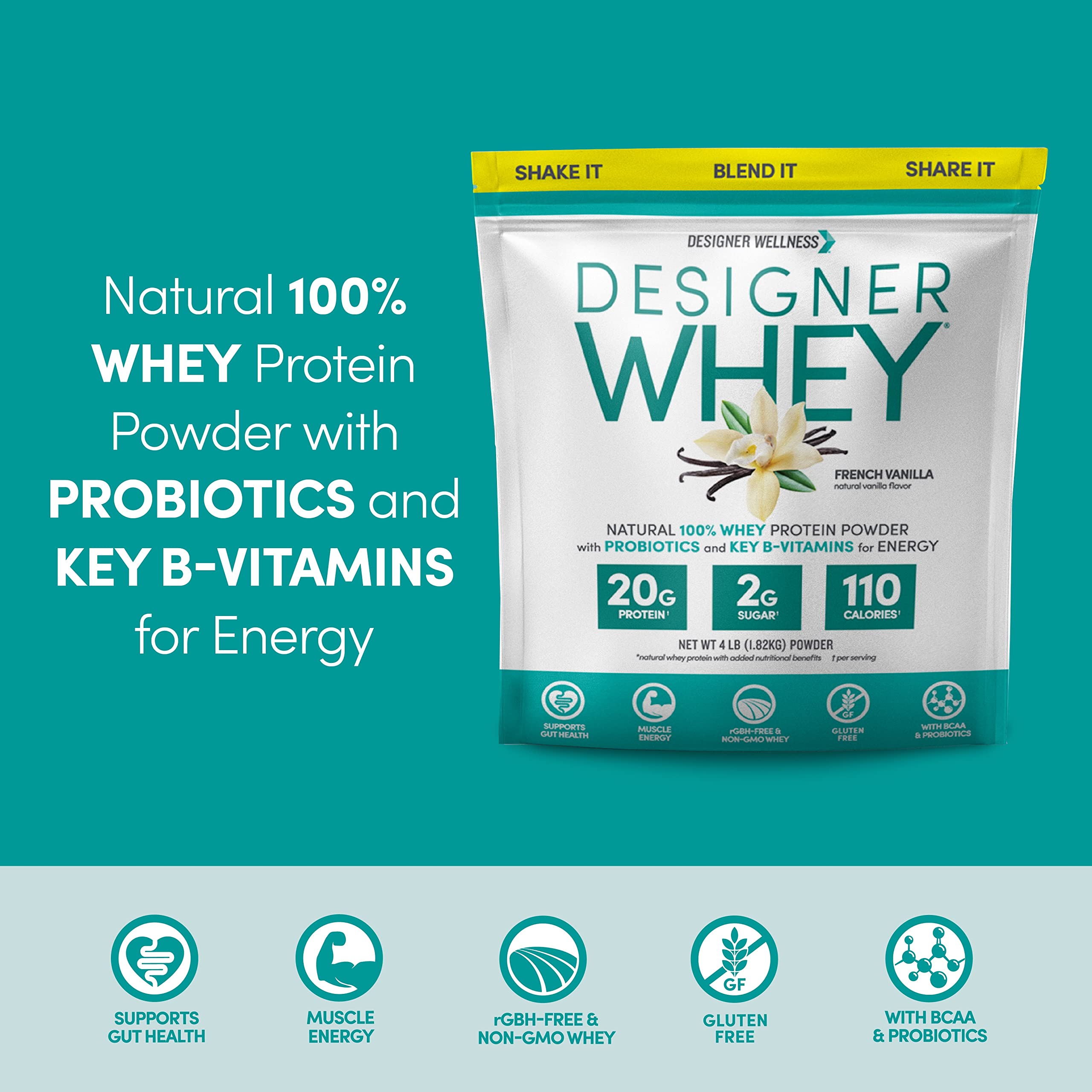 Designer Wellness Designer Whey scoop pouring into a shaker for easy protein intake