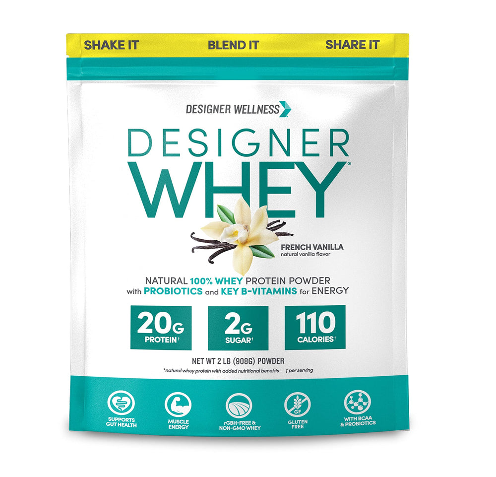 Designer Wellness Designer Whey tub front with French Vanilla flavor for daily energy