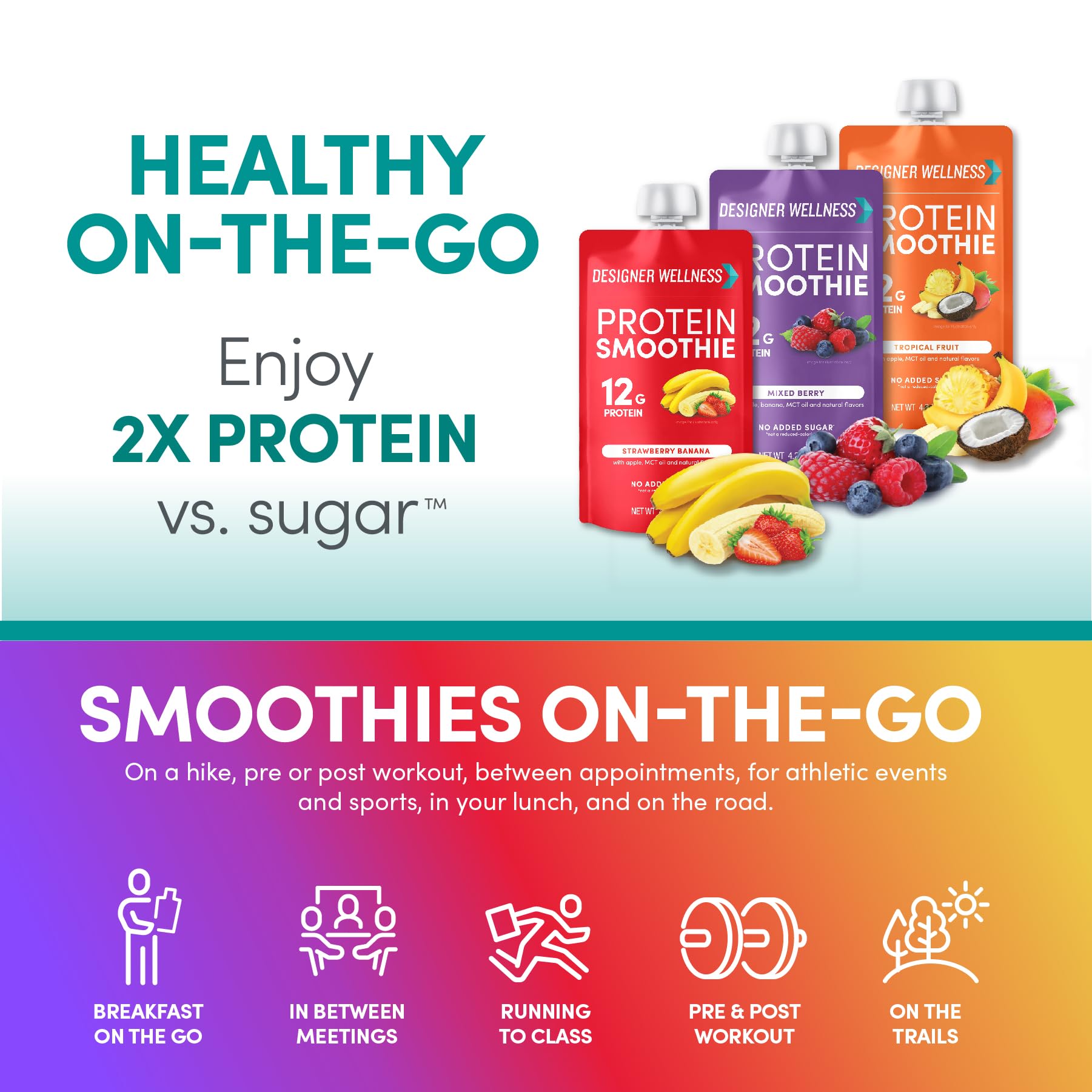 Designer Wellness Protein Smoothie gluten-free and non-GMO badge on packaging.