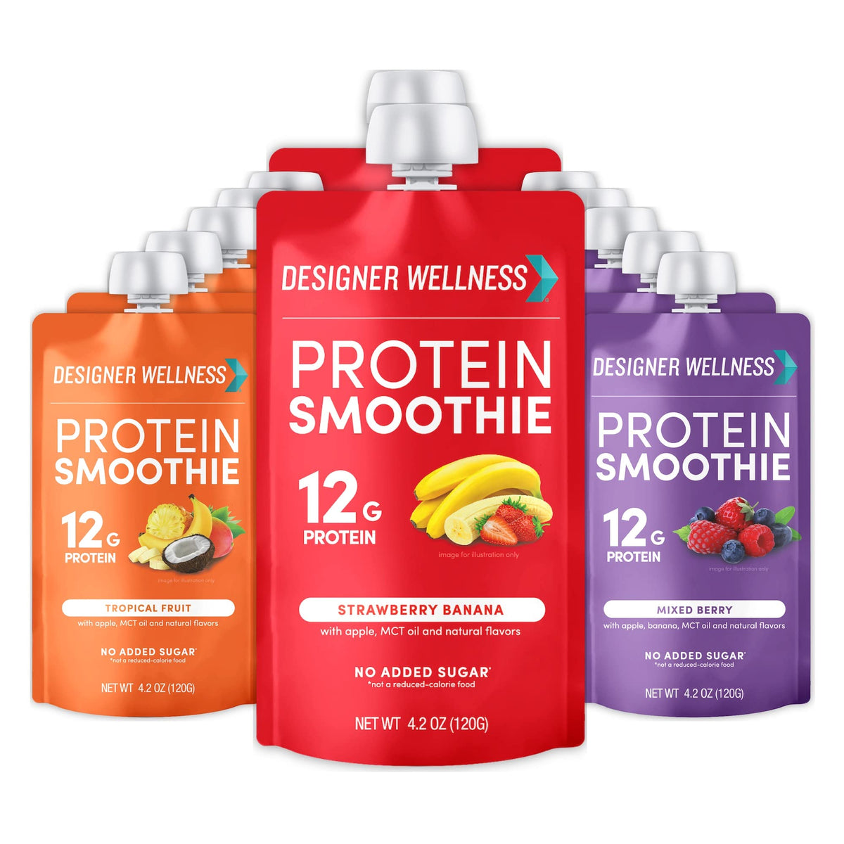 Designer Wellness Protein Smoothie pouch with real fruit for on-the-go nutrition.