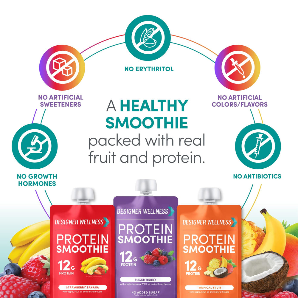 Designer Wellness Protein Smoothie icon highlighting whey protein isolate for easy digestion.