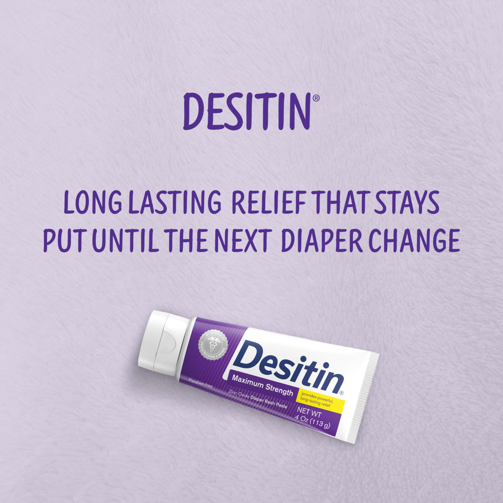 Close-up of Desitin 40% zinc oxide barrier showing a thick paste for rash relief.