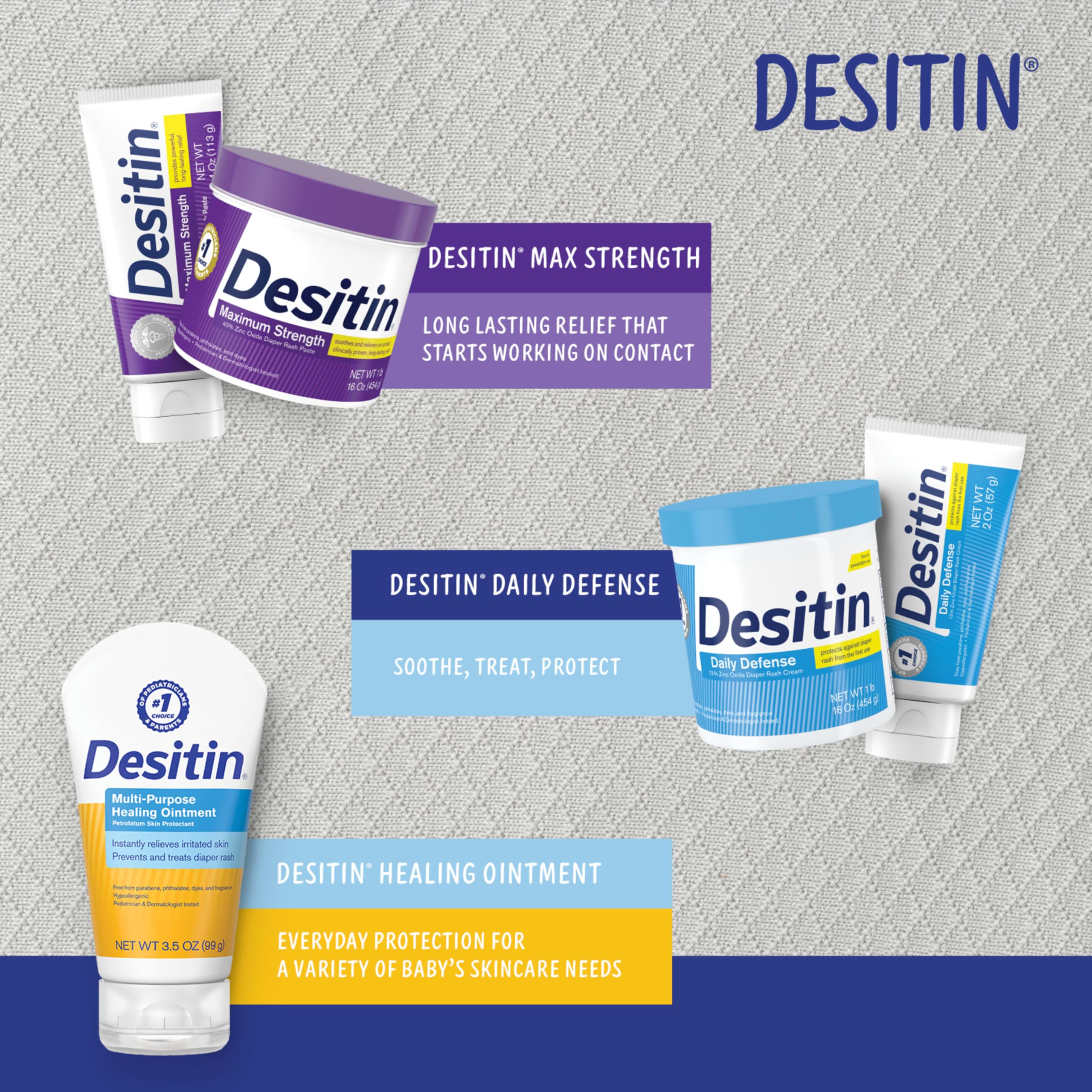 Baby-safe Desitin tube pictured beside towel illustrating day-one use.