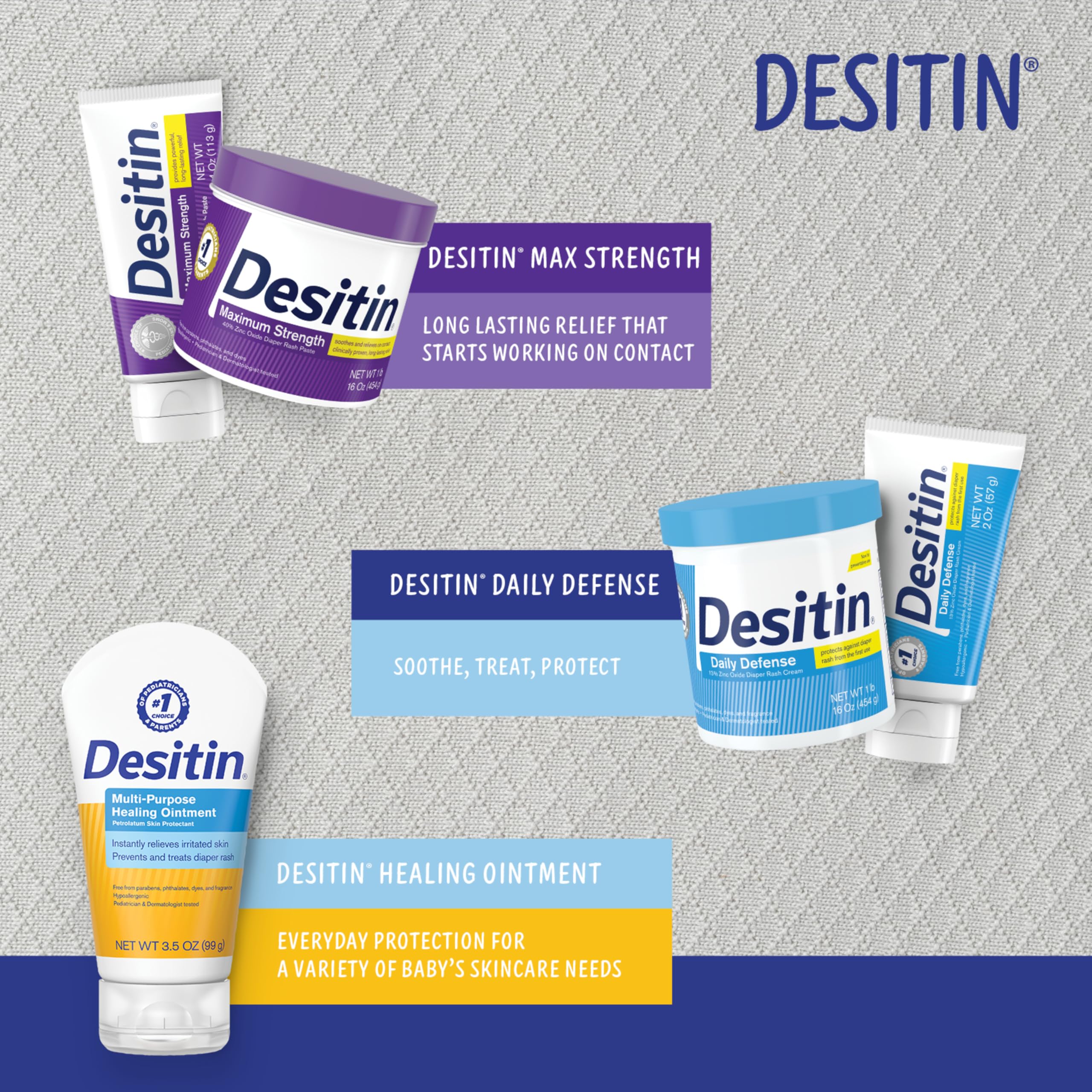 Desitin Daily Defense packaging shows paraben, phthalate, and dye-free formula