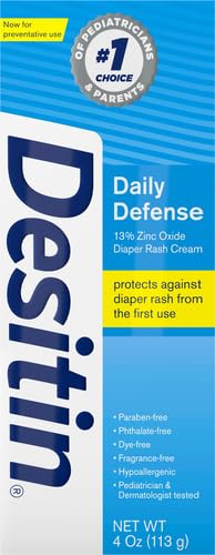 Desitin Daily Defense zinc-oxide formula image highlights fast-acting barrier for wetness protection.
