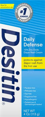 Desitin Daily Defense zinc-oxide formula image highlights fast-acting barrier for wetness protection.