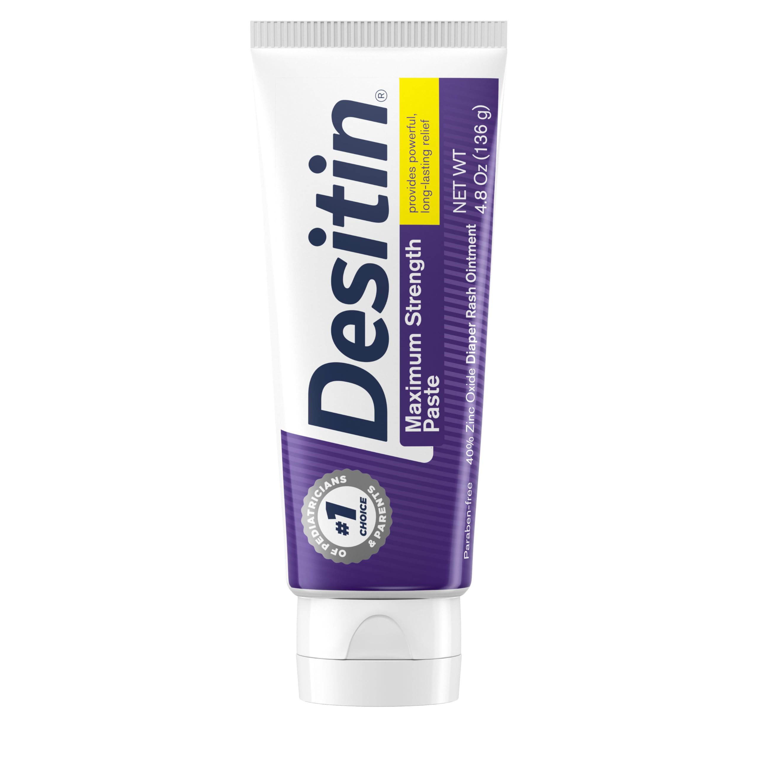 Desitin Maximum Strength Diaper Rash Cream tube provides a protective barrier for irritated baby skin.